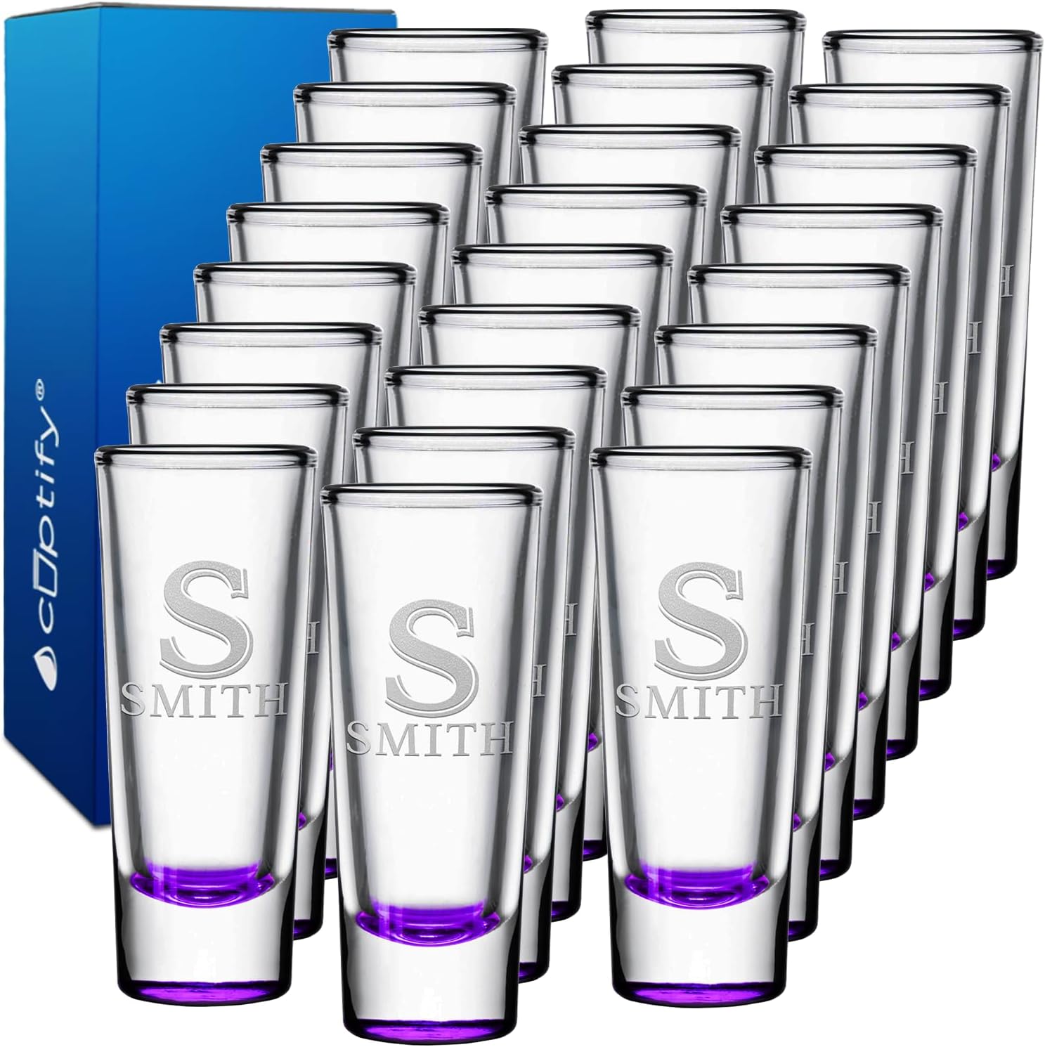 Personalized Shot Glasses Set of 25 with Elegant Purple Bottom