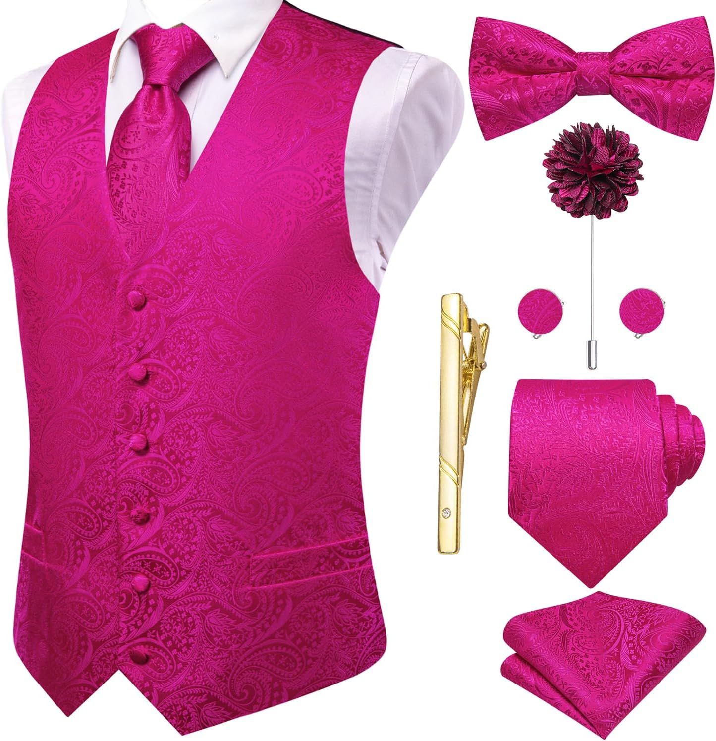 Hi-Tie Silk Mens Suit Vest Set with Tie and Bowtie for Weddings