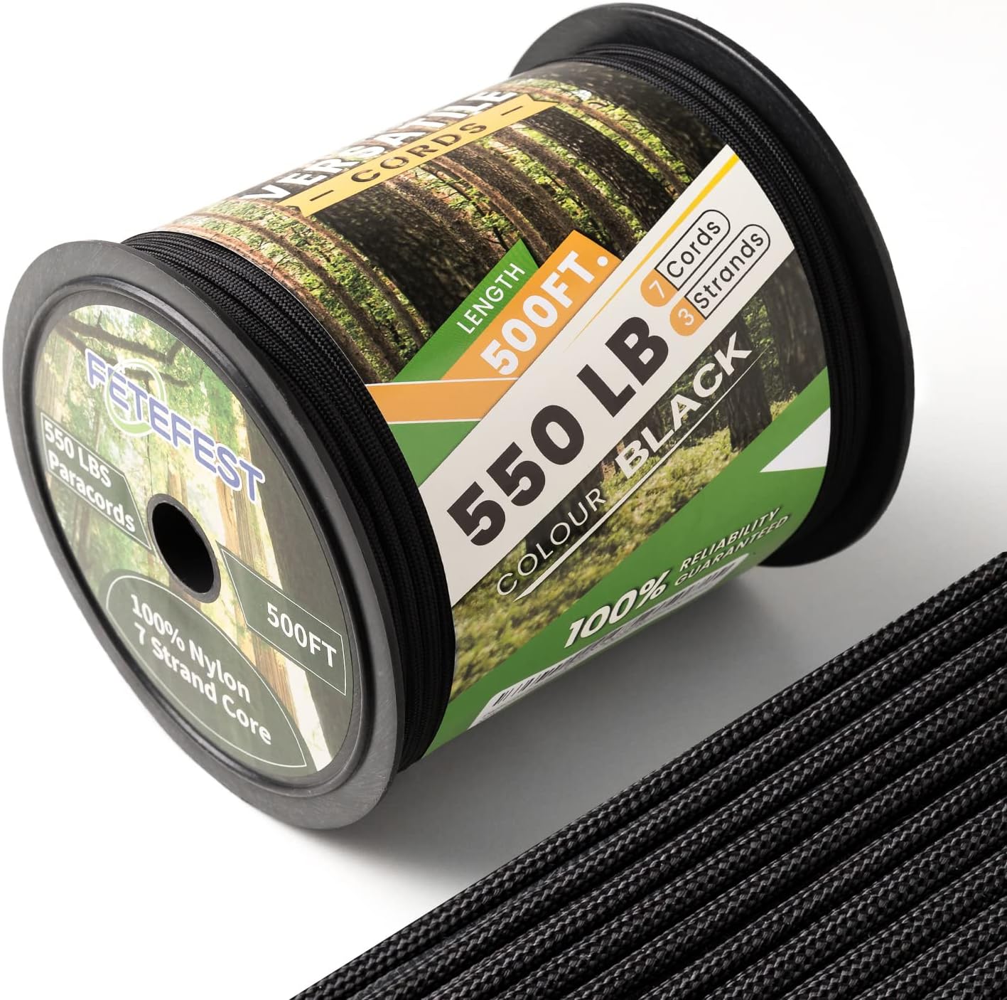 Paracord 550 on Spool Black, 500FT Heavy Duty Nylon Rope