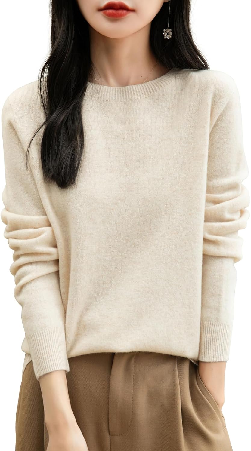 100% Merino Wool Long Sleeve Seamless Knit Crewneck Sweater