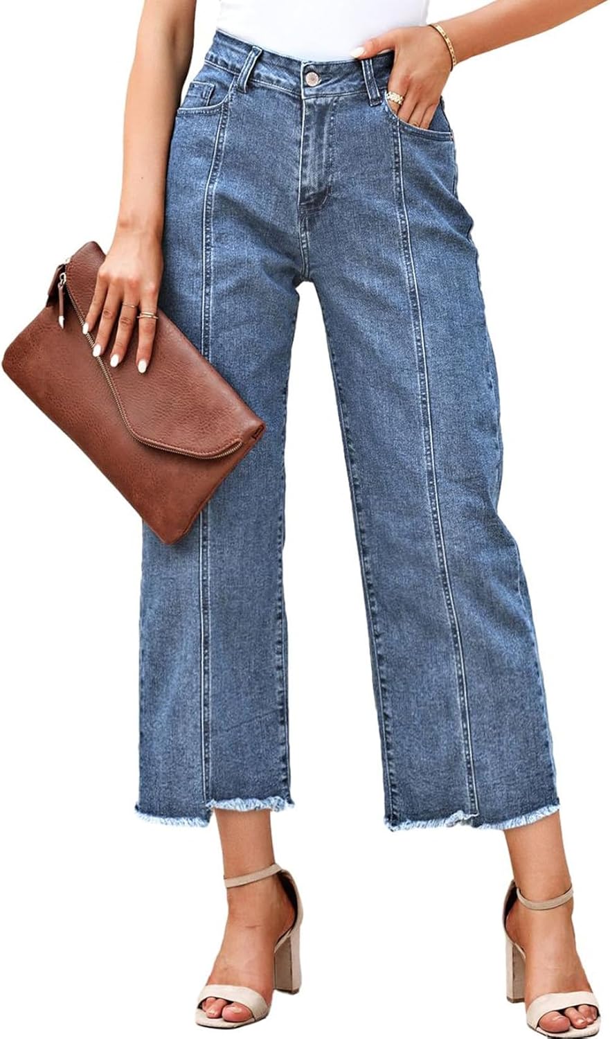 Sidefeel Women's High Waisted Wide Leg Cropped Denim Pants