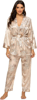 Escalier Women's Silk Satin Pajama Set 3-Piece - Luxurious Floral