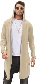 Mens Long Hooded Cardigan Shawl Collar Lightweight Open Front