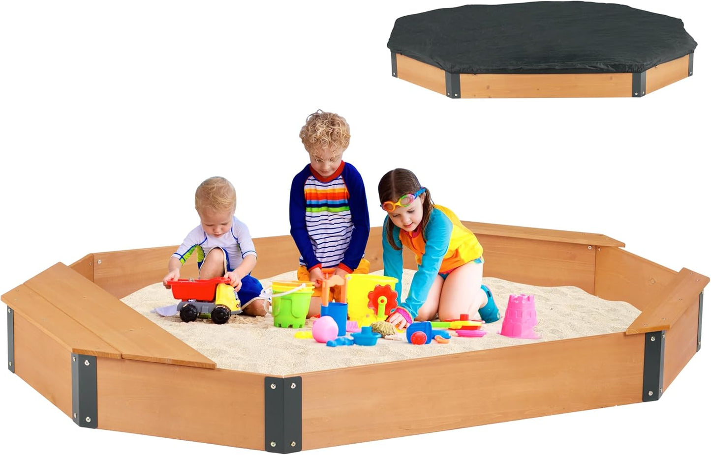 Large Octagon Sandbox with Storage Box for Kids Outdoor Fun