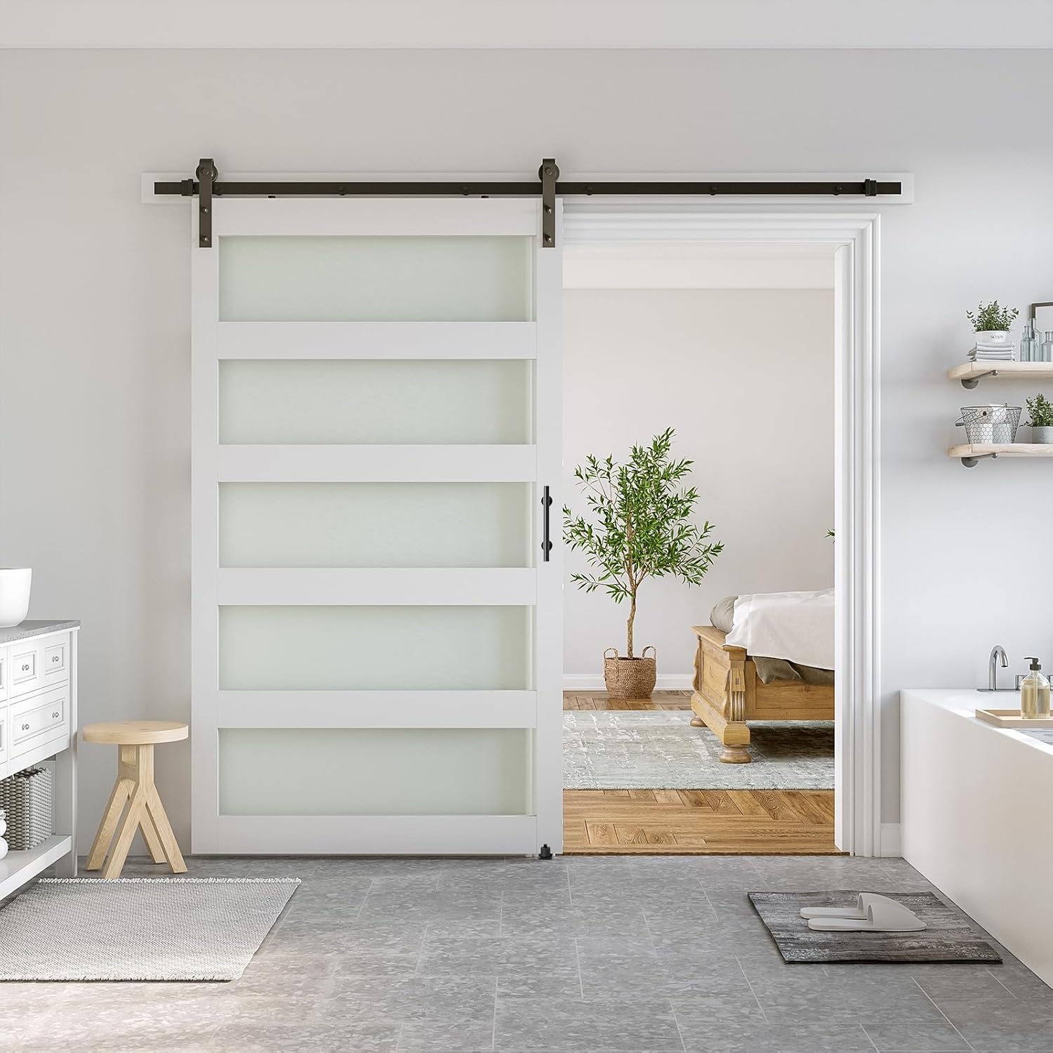 SmartStandard 48 x 84 in Glass Barn Door with Sliding Hardware