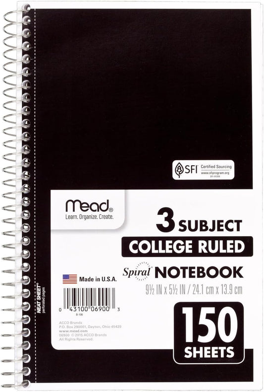 Mead 3-Subject Spiral Notebook, College Ruled, 150 Sheets, Compact Size