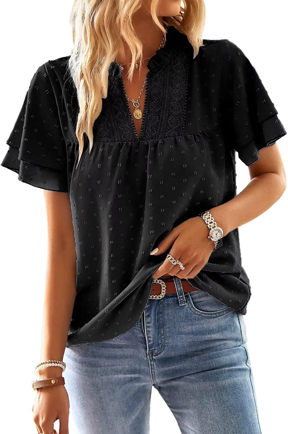 Womens Tops Butterfly Sleeve V Neck Blouses for Dressy Casual Wear