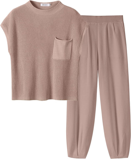 Stylish Women's Two Piece Outfits Knit Sweater Vest Crop Top Pants