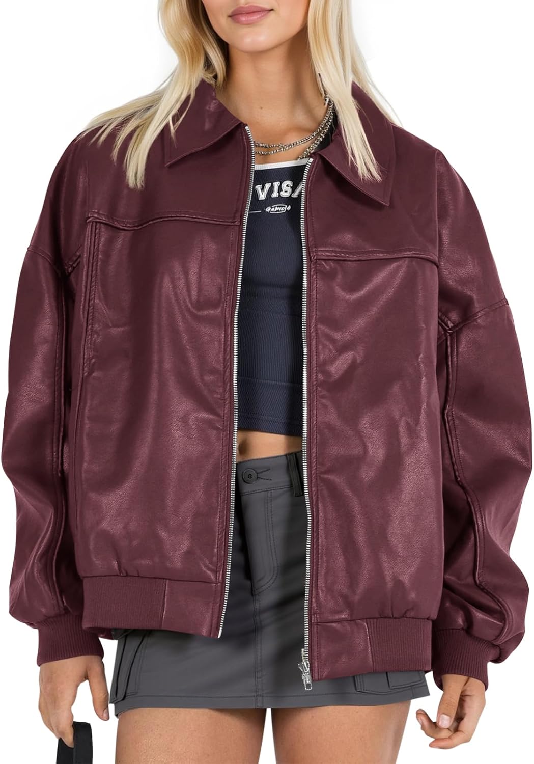 Tankaneo Womens Faux Leather Oversized Bomber Jacket for Fall