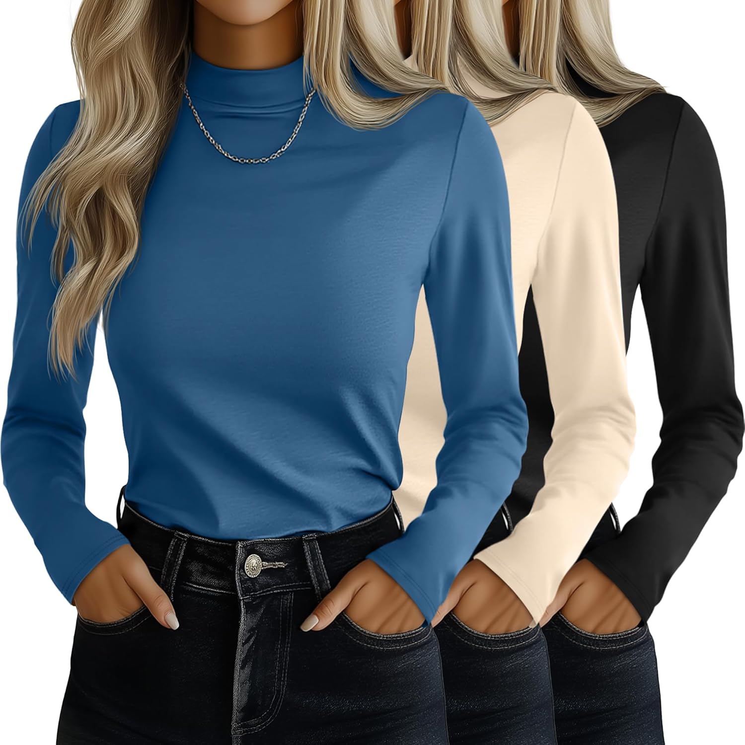 Ficerd 3 Pack Women's Mock Turtleneck Shirts for Stylish Layers