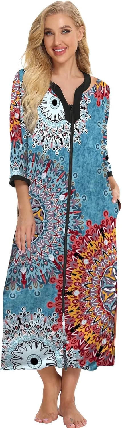 Bloggerlove House Dresses for Women Zip Up Robes Soft Cotton