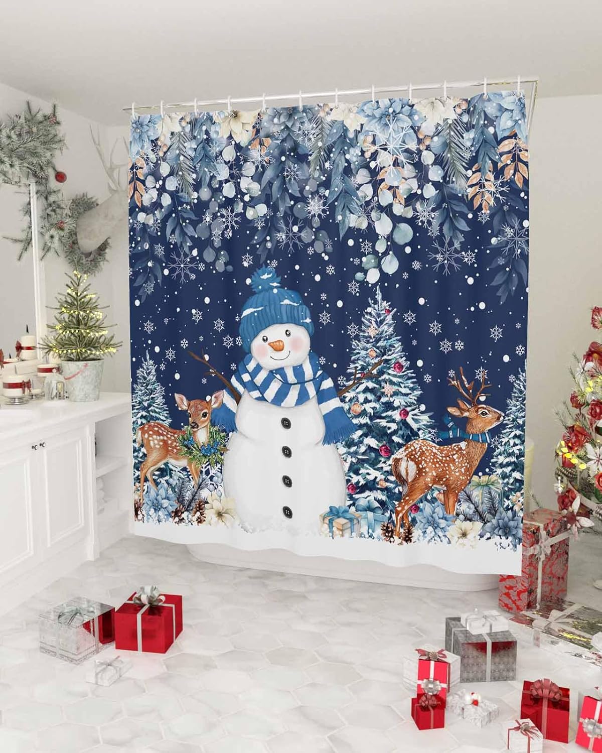 Waterproof Christmas Snowman Shower Curtain Set by ZOE GARDEN