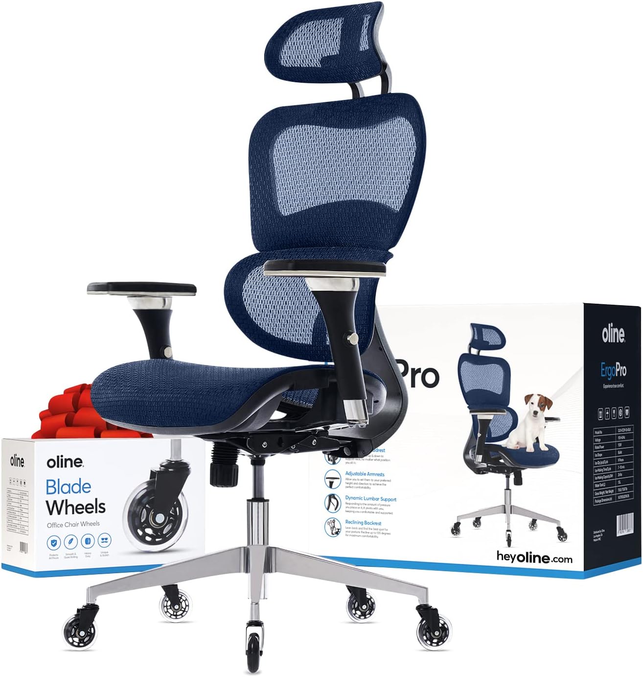 Oline ErgoPro Ergonomic Chair - 4D Armrests, Lumbar Support, Blade Wheels