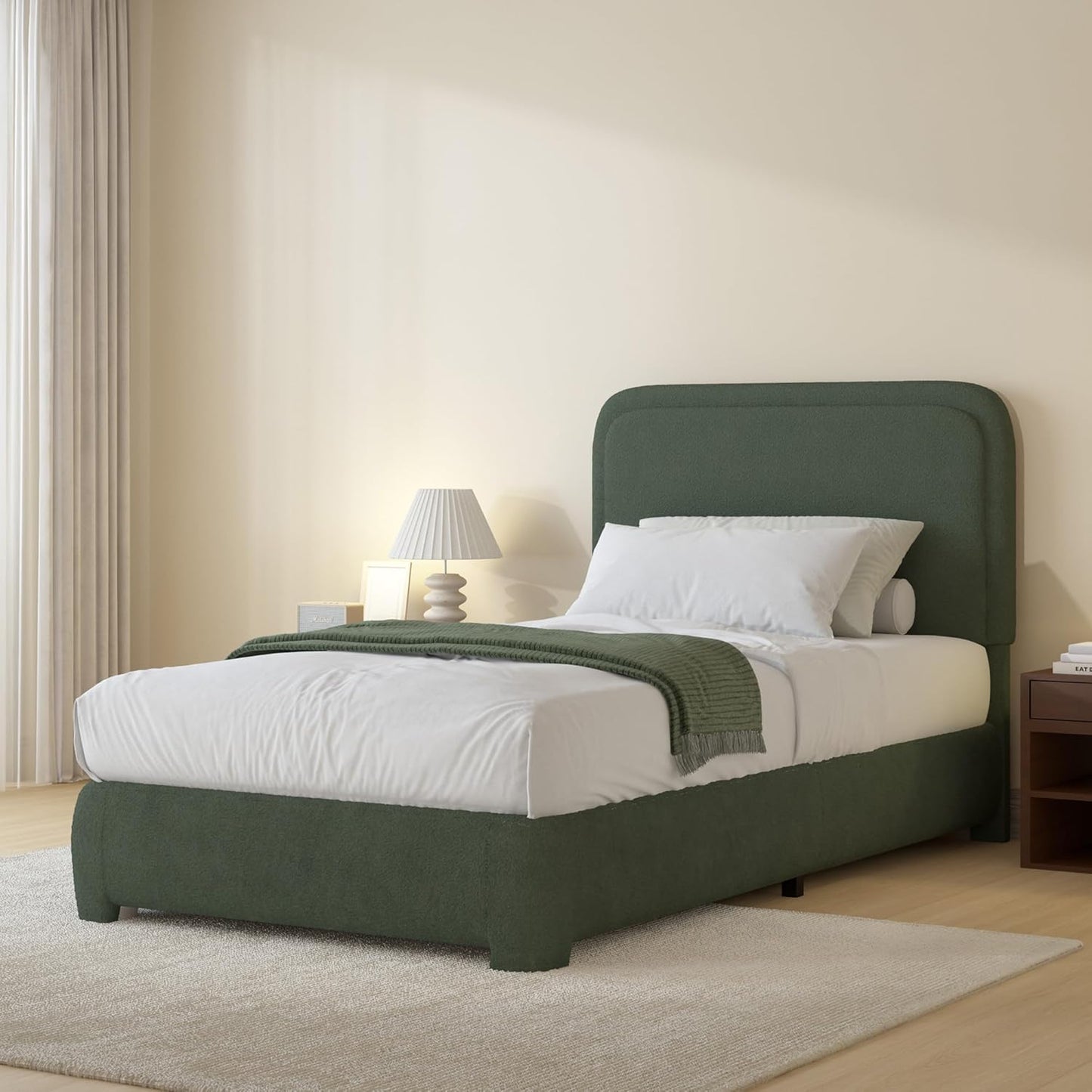BarnFurin Twin Size Bed Frame with Boucle Upholstery in Green