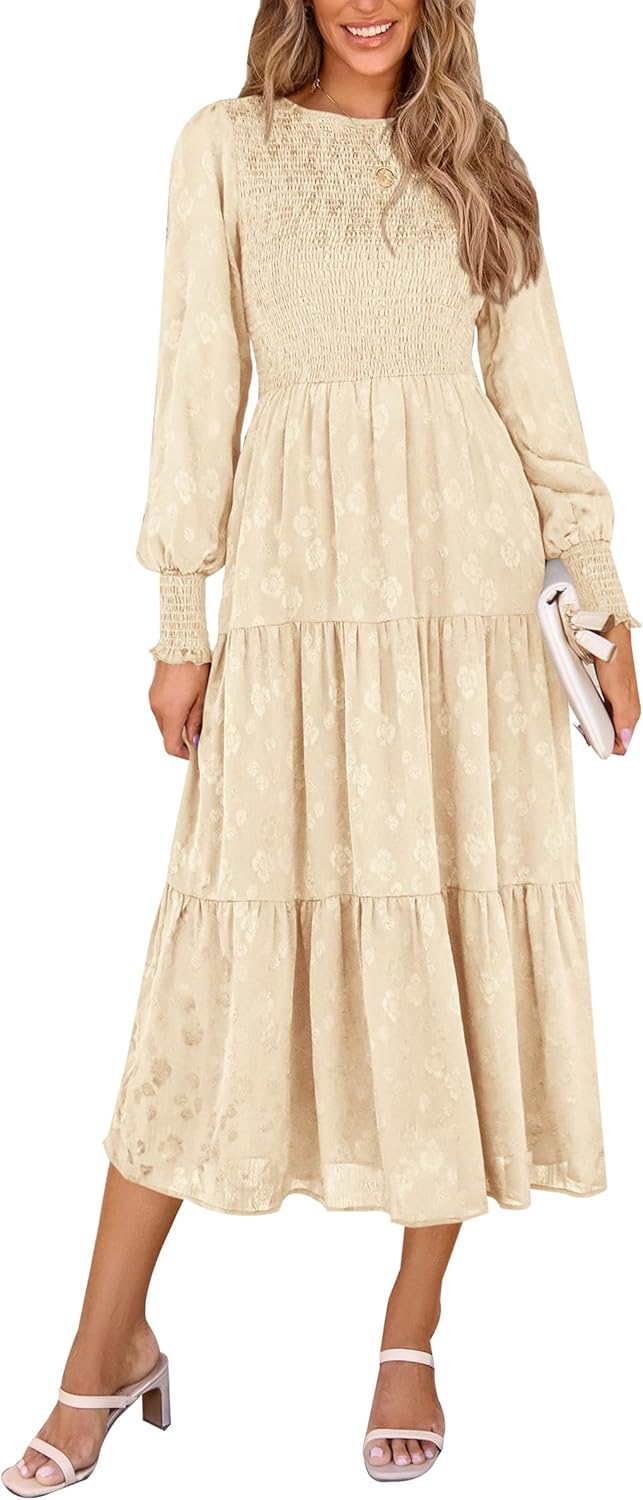 PRETTYGARDEN Women's Long Sleeve Floral Midi Dress with Pockets