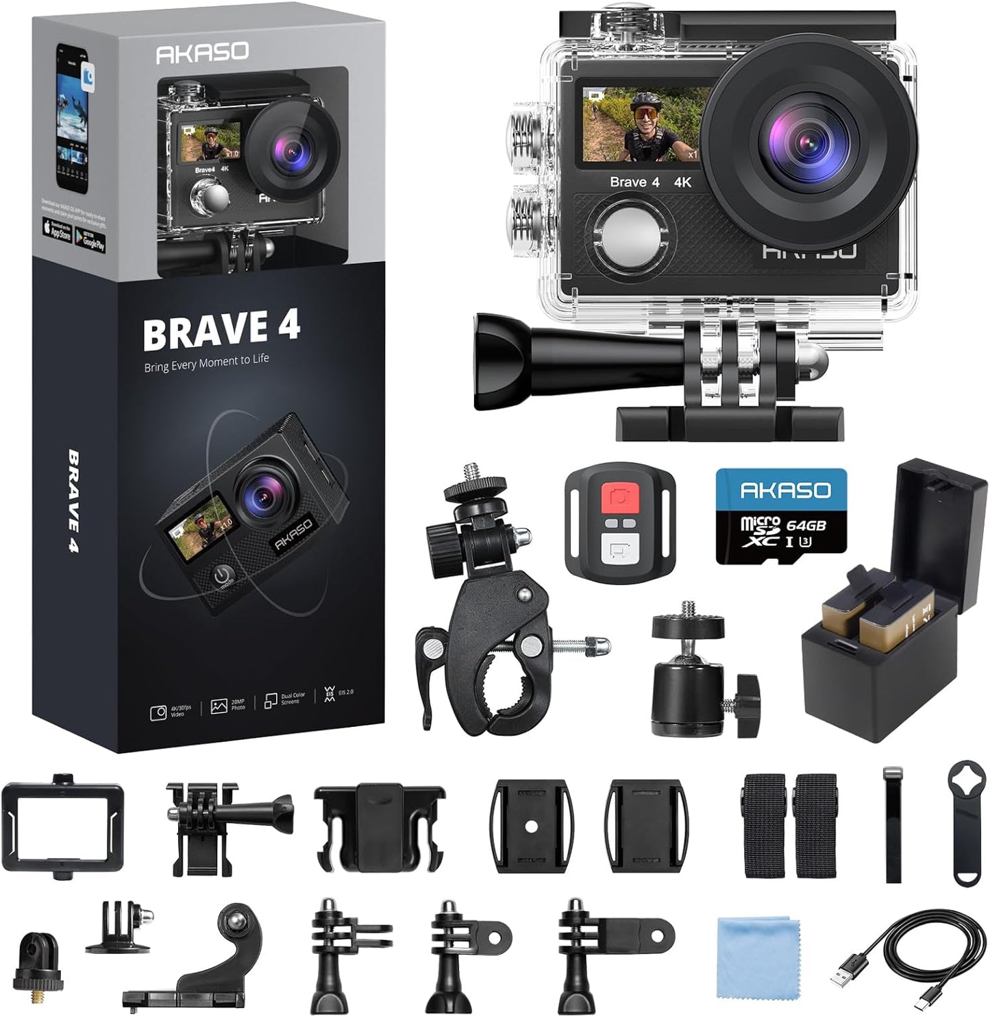 AKASO Brave 4 4K Action Camera Bundle with Helmet Accessories