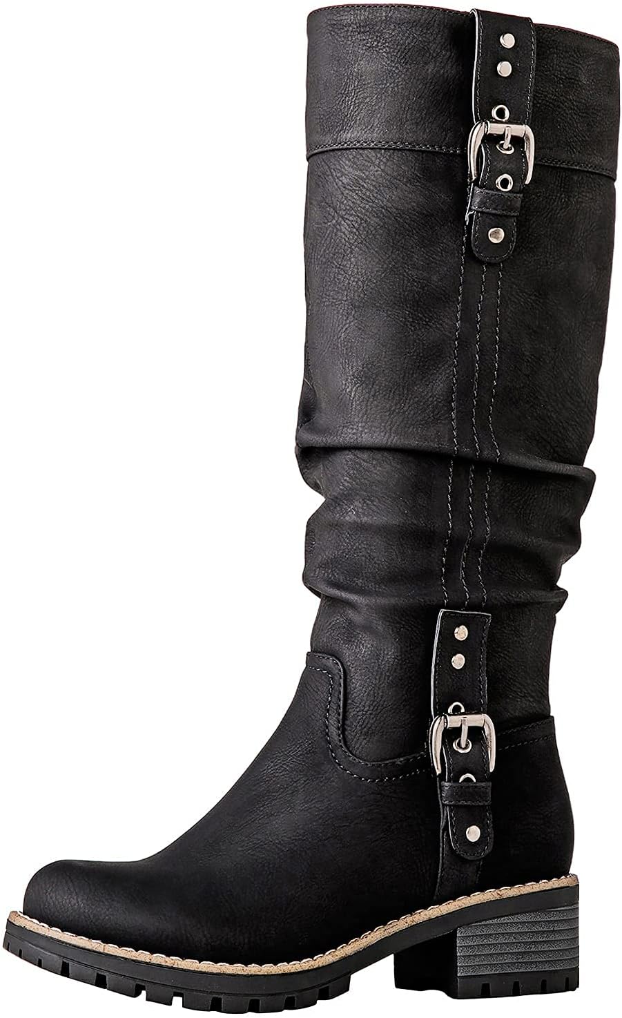 GLOBALWIN Women's Chunky Low Heels Knee High Boots for Comfort