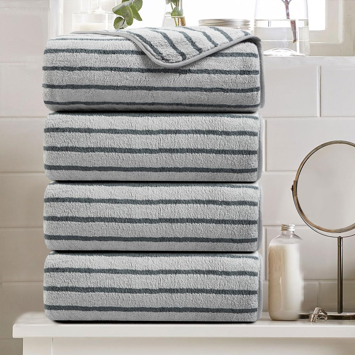 Oliven 4 Piece Grey Cabana Stripe Bath Towels Set for Home