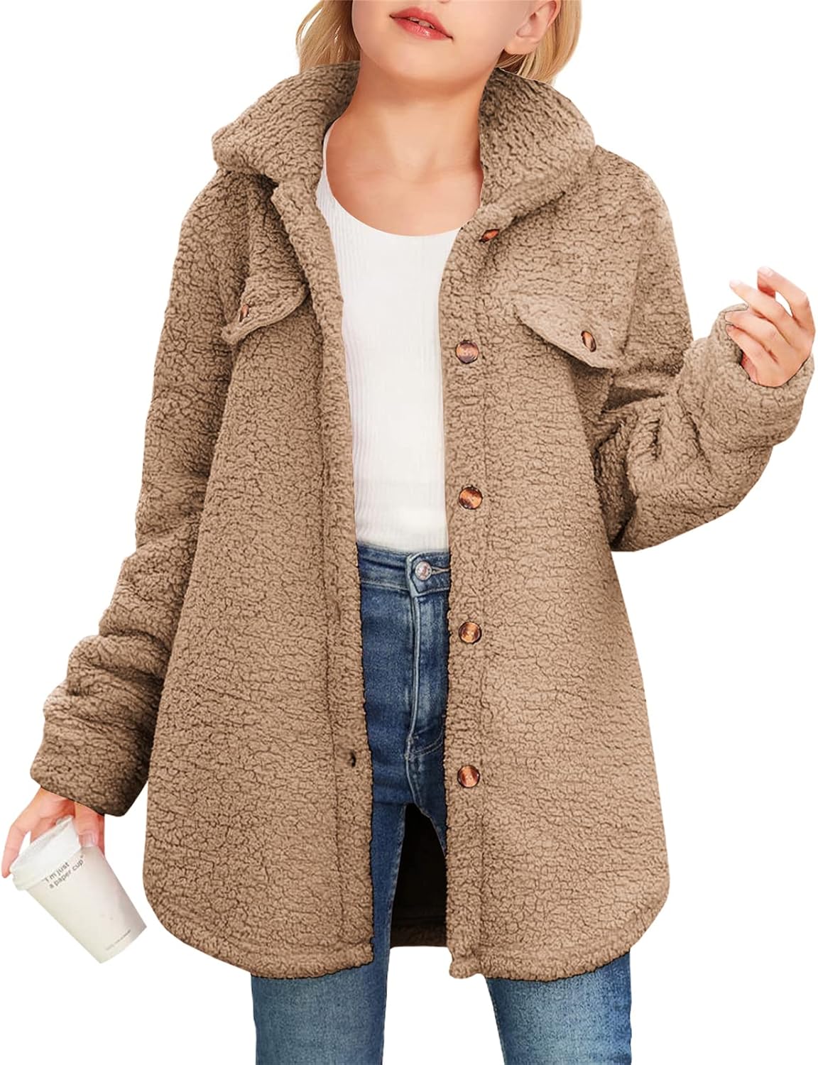 Haloumoning Girls Fuzzy Fleece Jacket Casual Button Down Overcoat