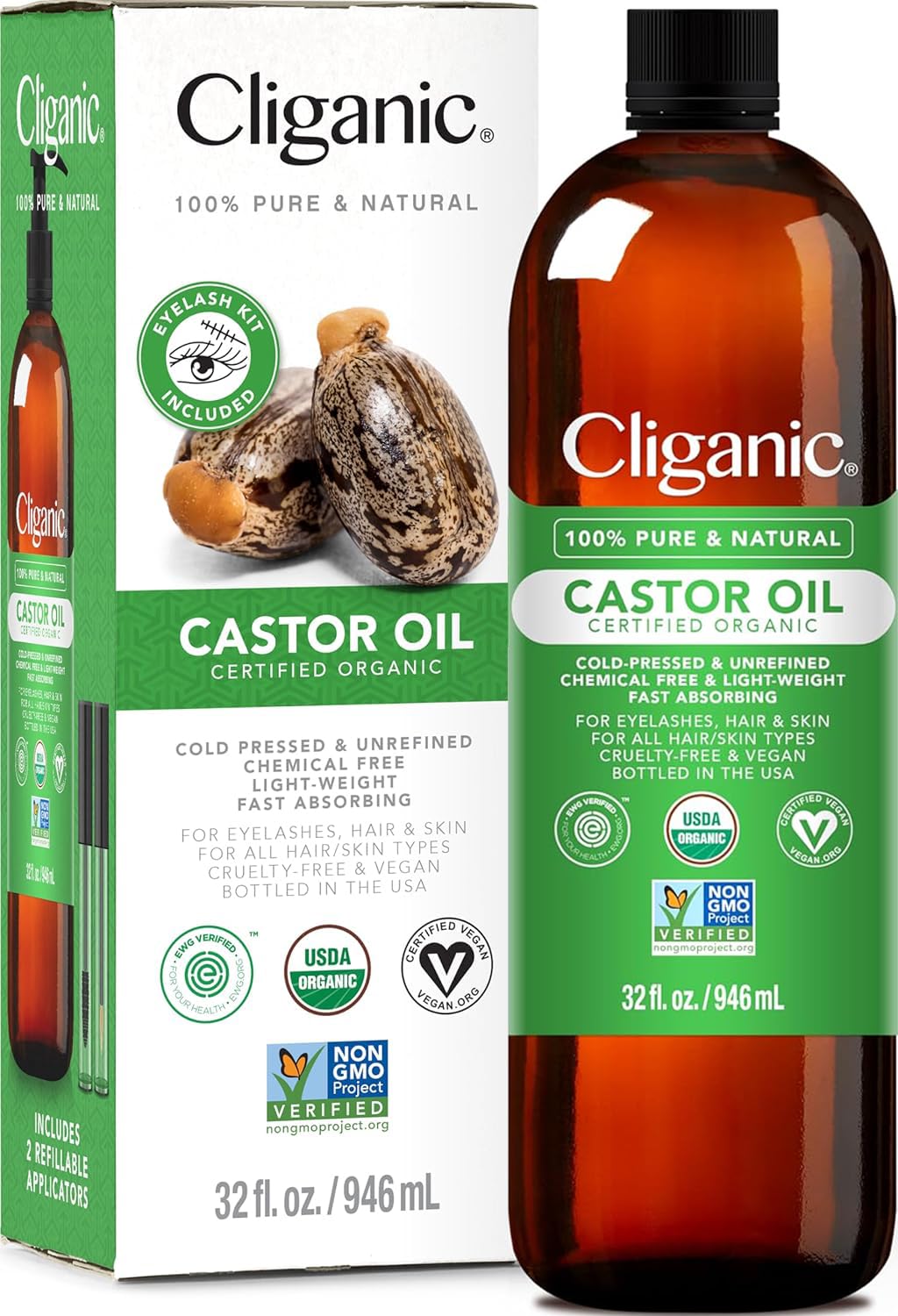 Cliganic Organic Castor Oil for Eyelashes, Hair & Skin Care