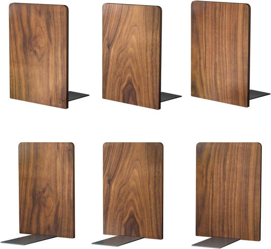 Large Heavy Duty Bookends for Office Desk - 3 Pack Walnut