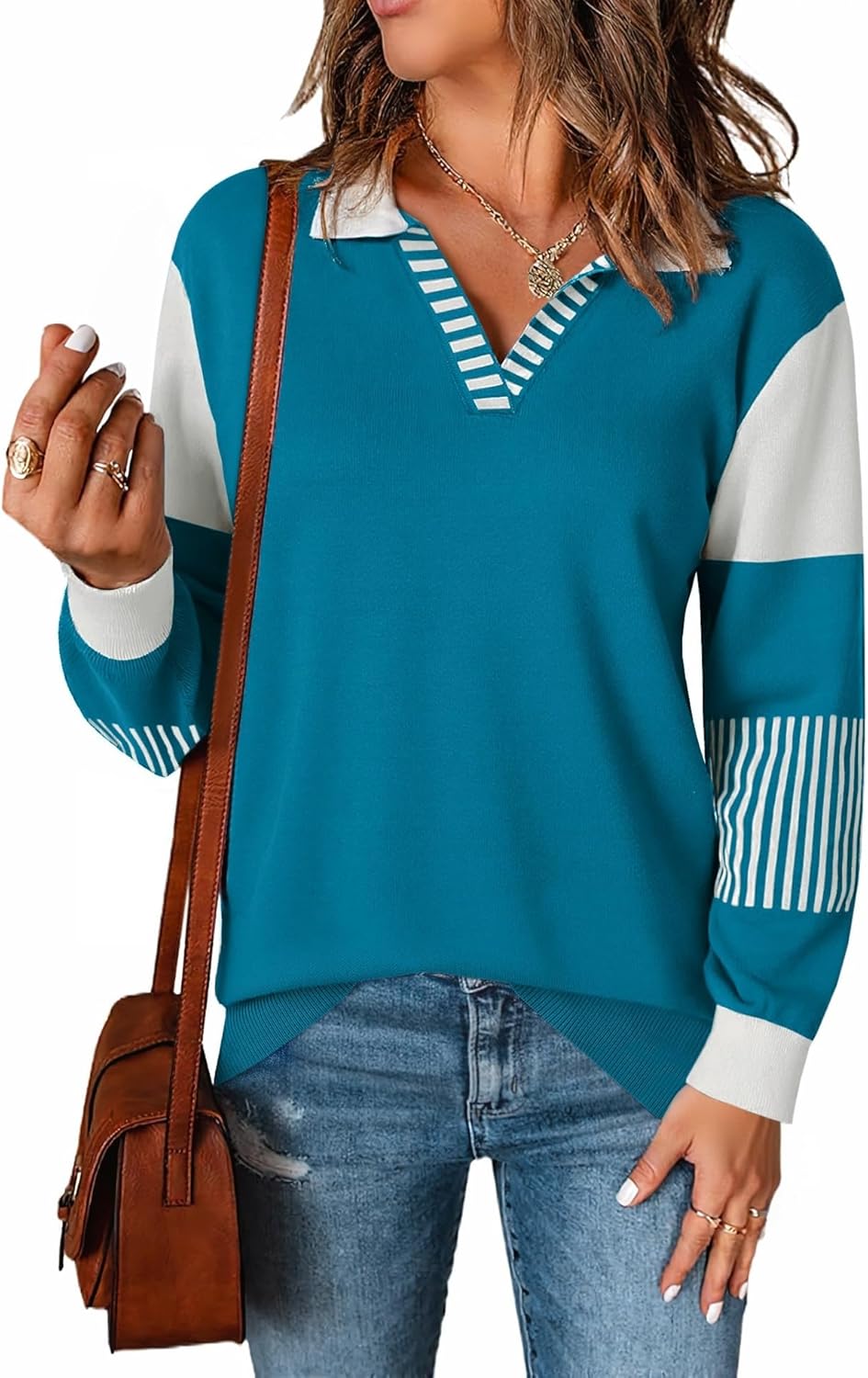 LOMON V Neck Long Sleeve Loose Sweaters for Stylish Comfort