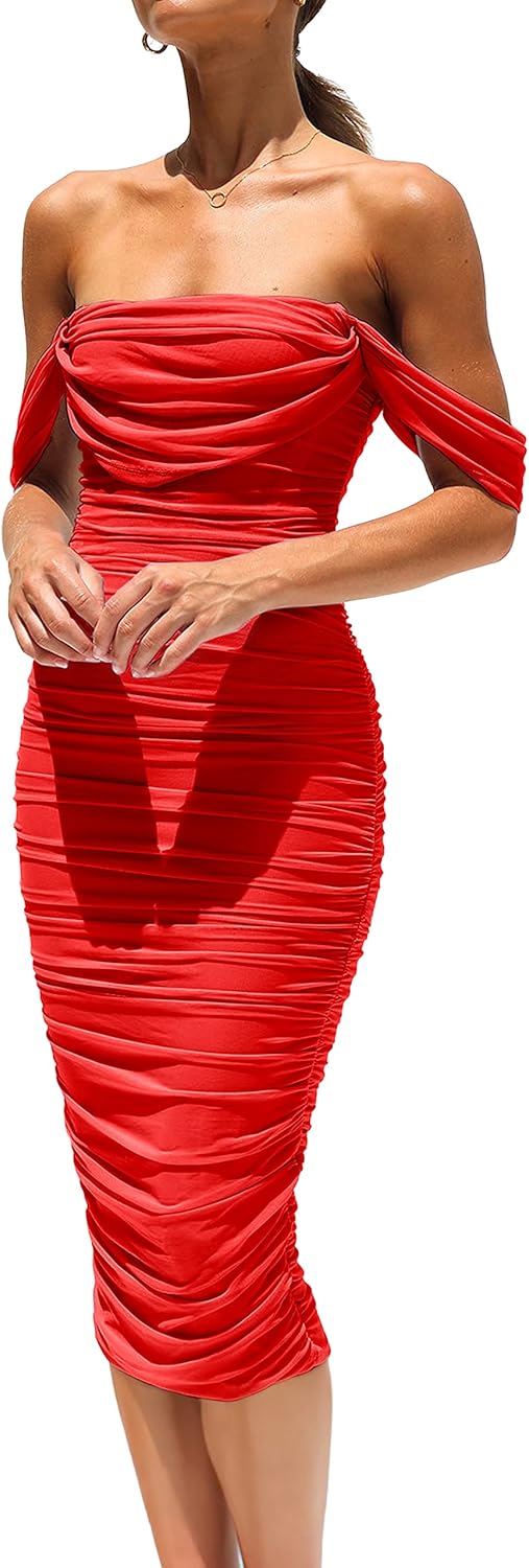 PRETTYGARDEN Off Shoulder Midi Dress for Summer Events