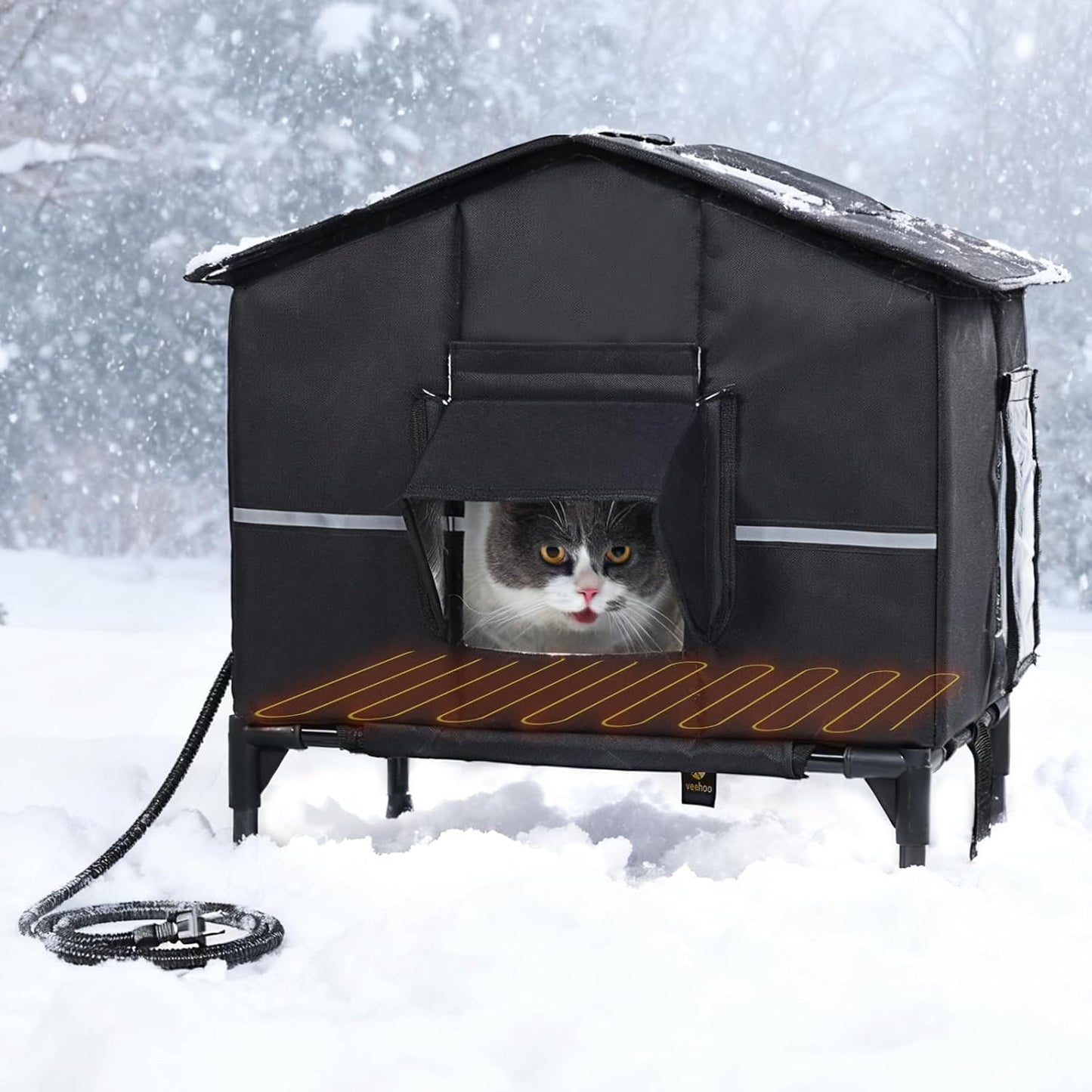 Veehoo Outdoor Heated Cat House for Stray Cats with Escape Door