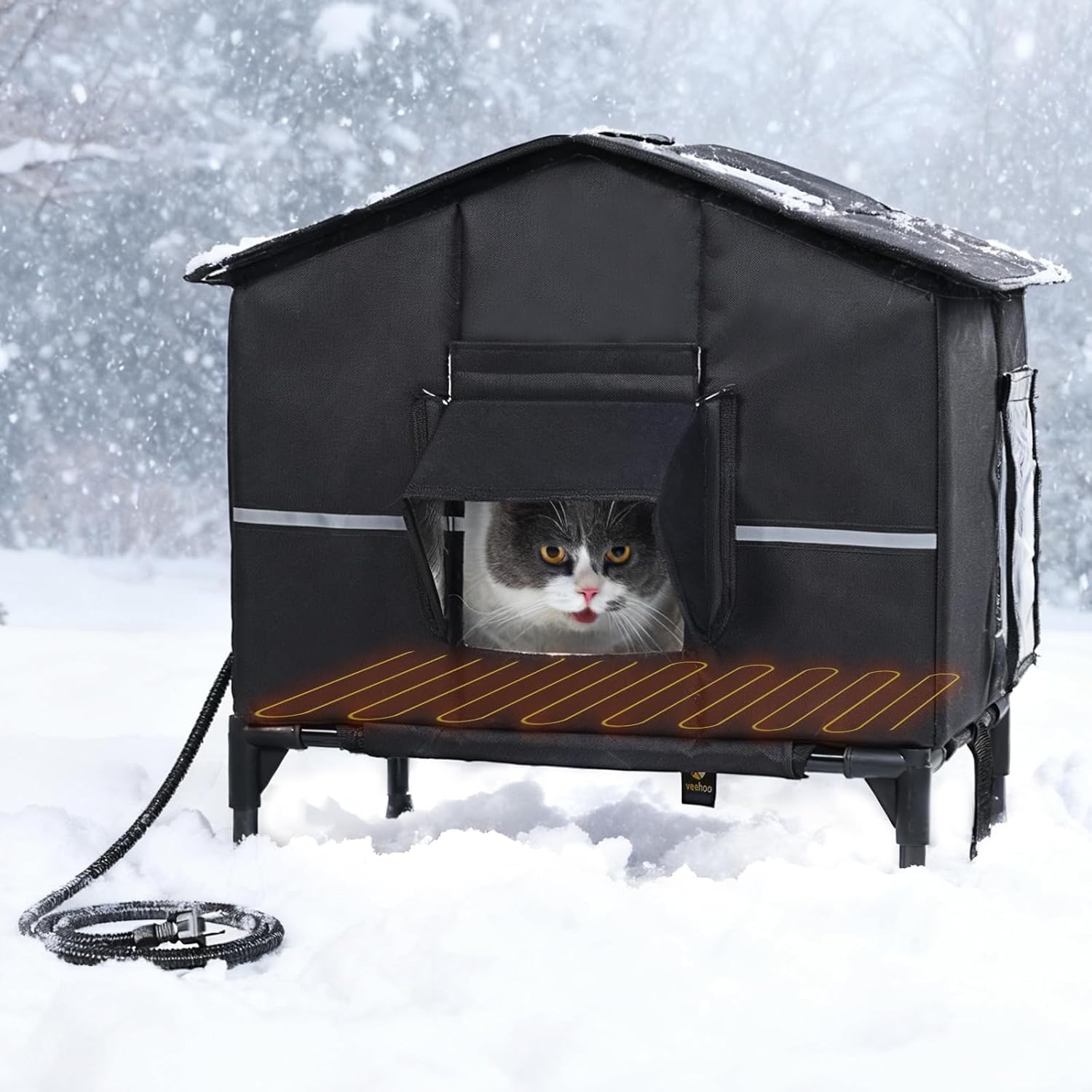 Veehoo Outdoor Heated Cat House for Stray Cats with Escape Door