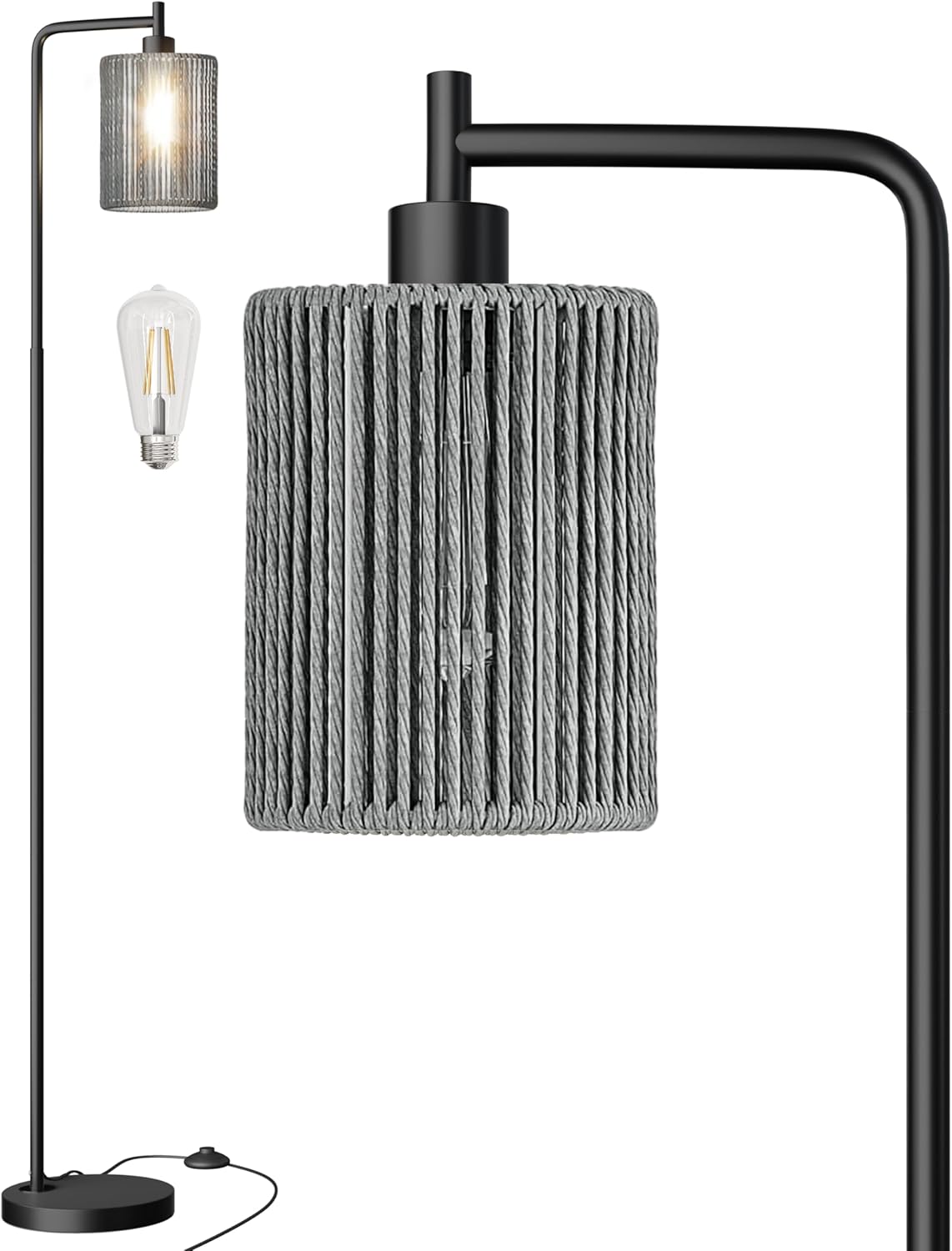 66in Black Floor Lamp for Living Room with Rattan Shade