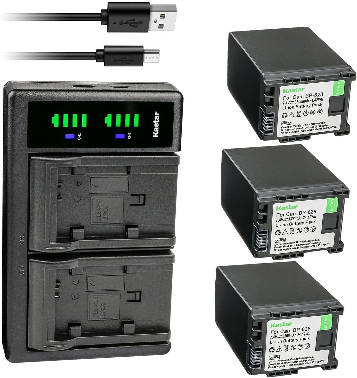 Kastar 3-Pack BP-828 Battery and LTD2 USB Charger for Canon