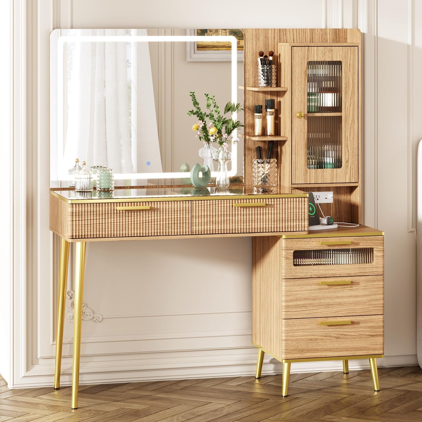 Modern Oak Vanity Desk with Mirror & Lights