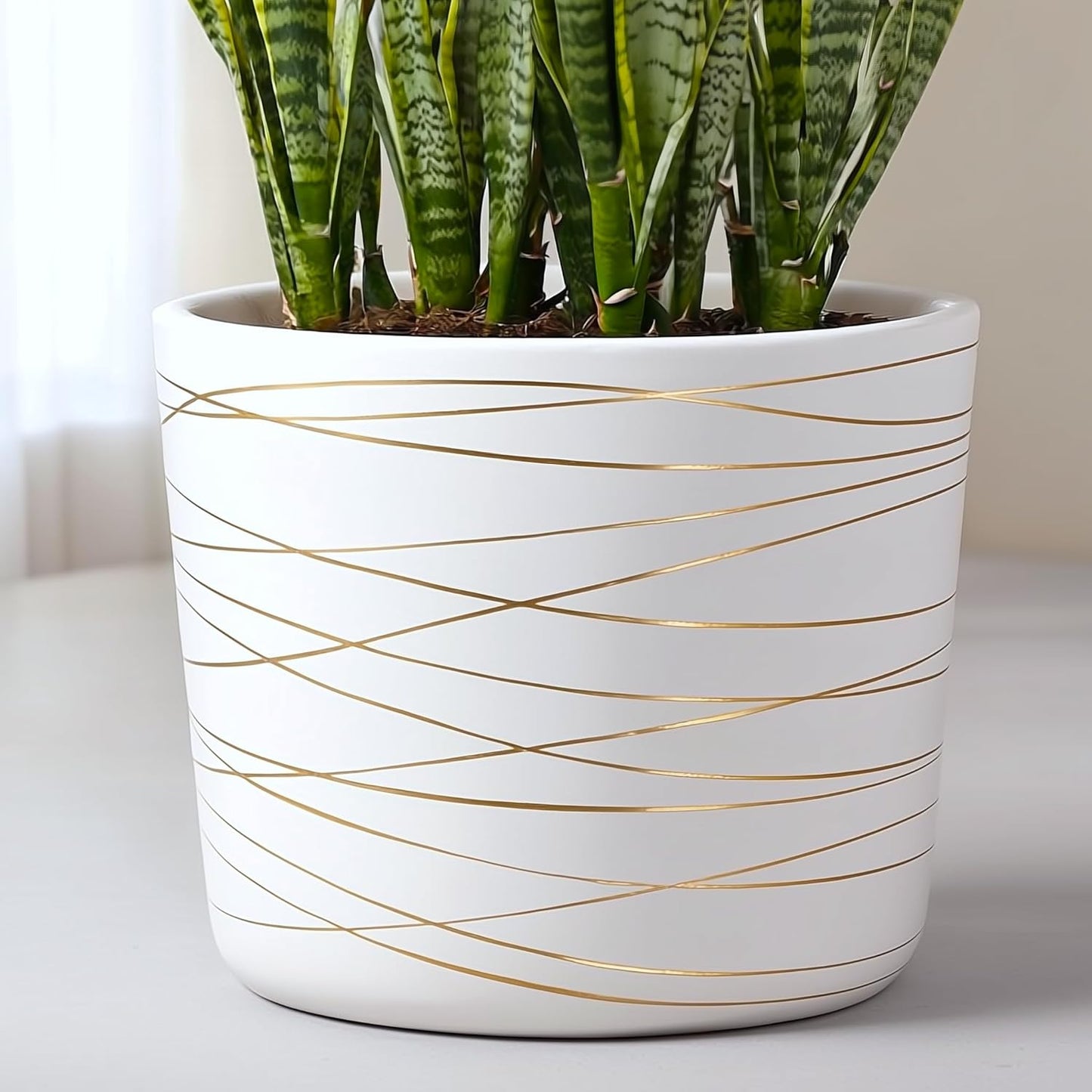 Willowy 12 Inch Ceramic Pot with Gold Stripes for Stylish Decor