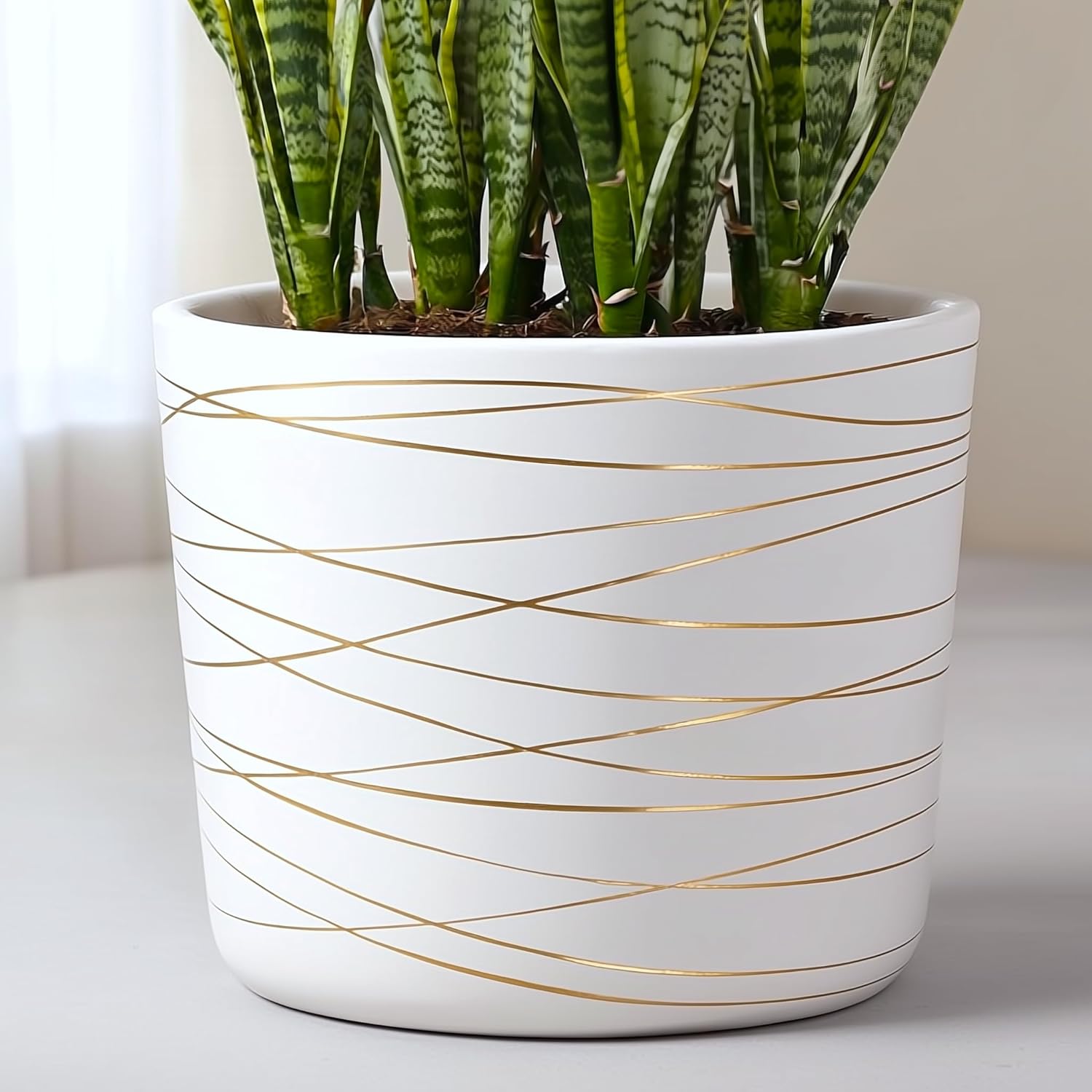 Willowy 12 Inch Ceramic Pot with Gold Stripes for Stylish Decor