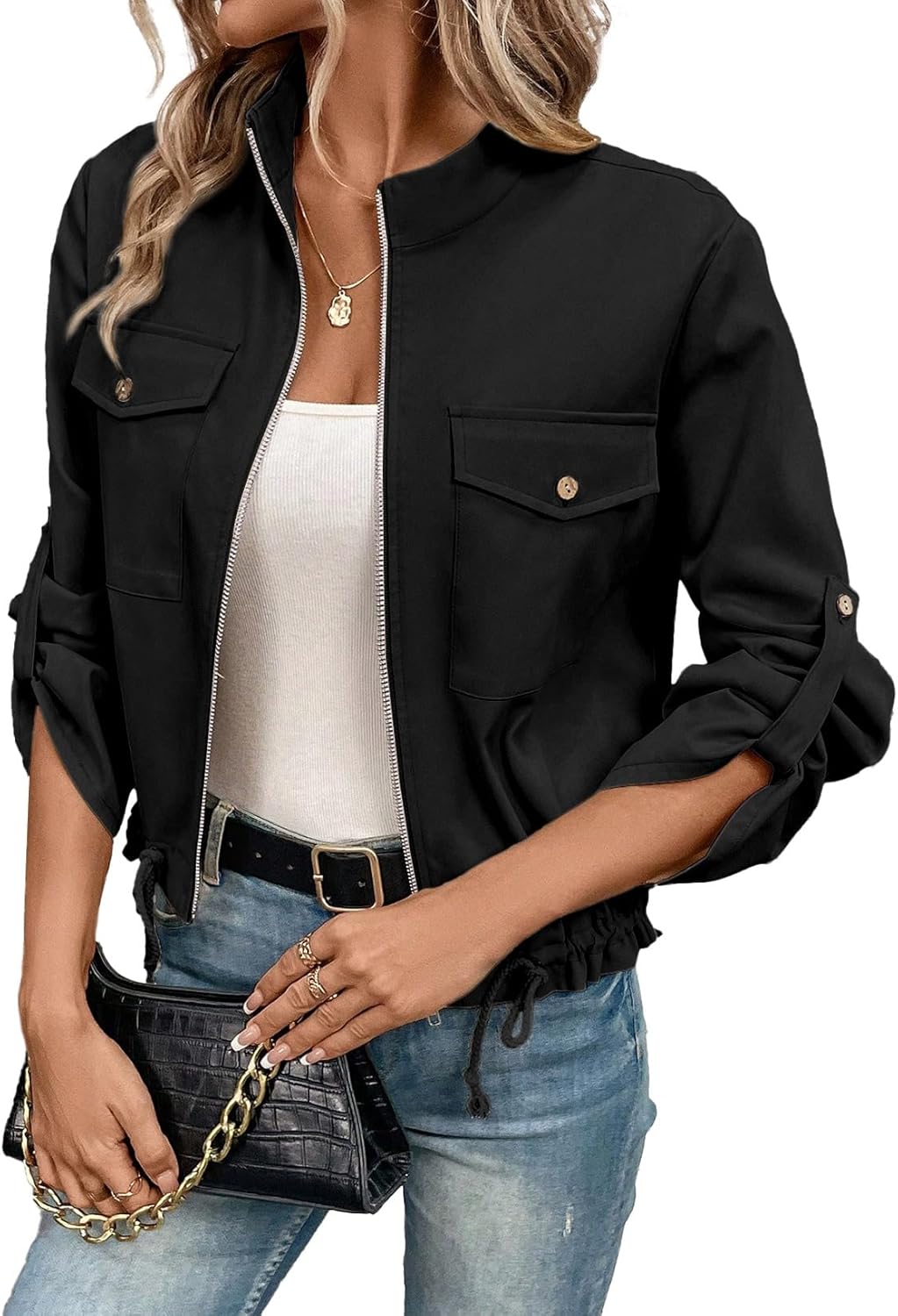 EVALESS Womens Zip Up Jacket with Roll Tab Sleeve and Pockets