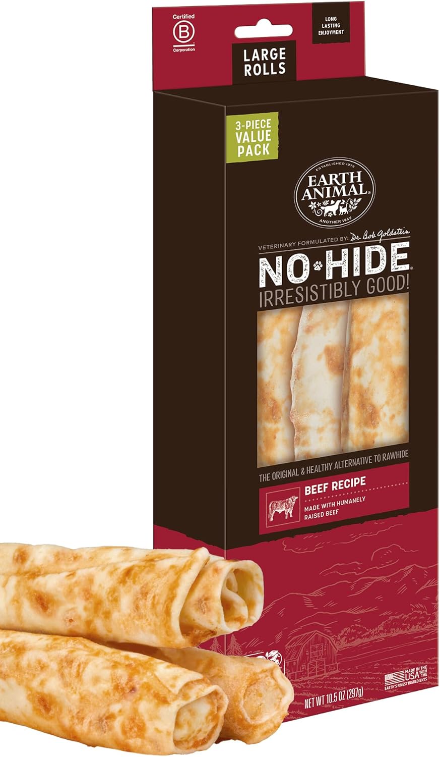 Earth Animal No-Hide Rolls Beef Recipe Large Dog Chews 10.5 oz