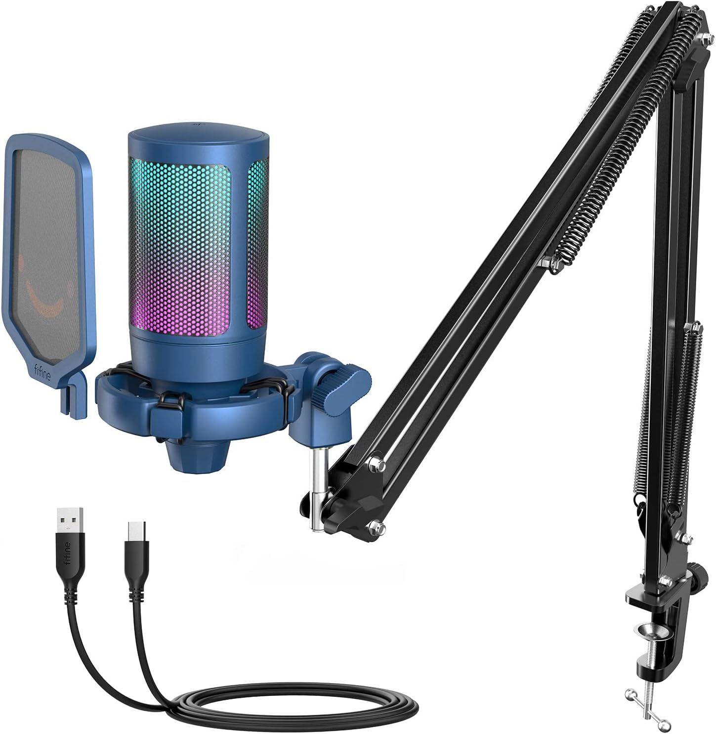 FIFINE USB Gaming Mic Kit - RGB Condenser for Podcasts, Audio, Video