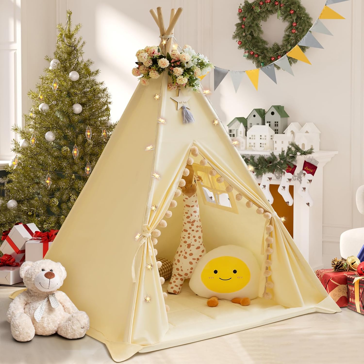 Cozy Kids Teepee Tent with Padded Mat & Stars Lights