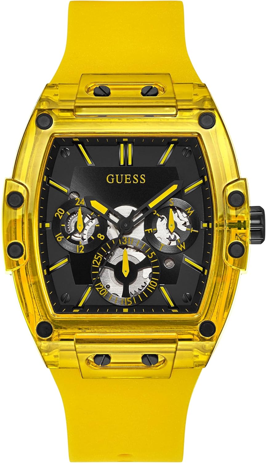 GUESS Men's Trend Tonneau 43mm Watch with Yellow Silicone Strap