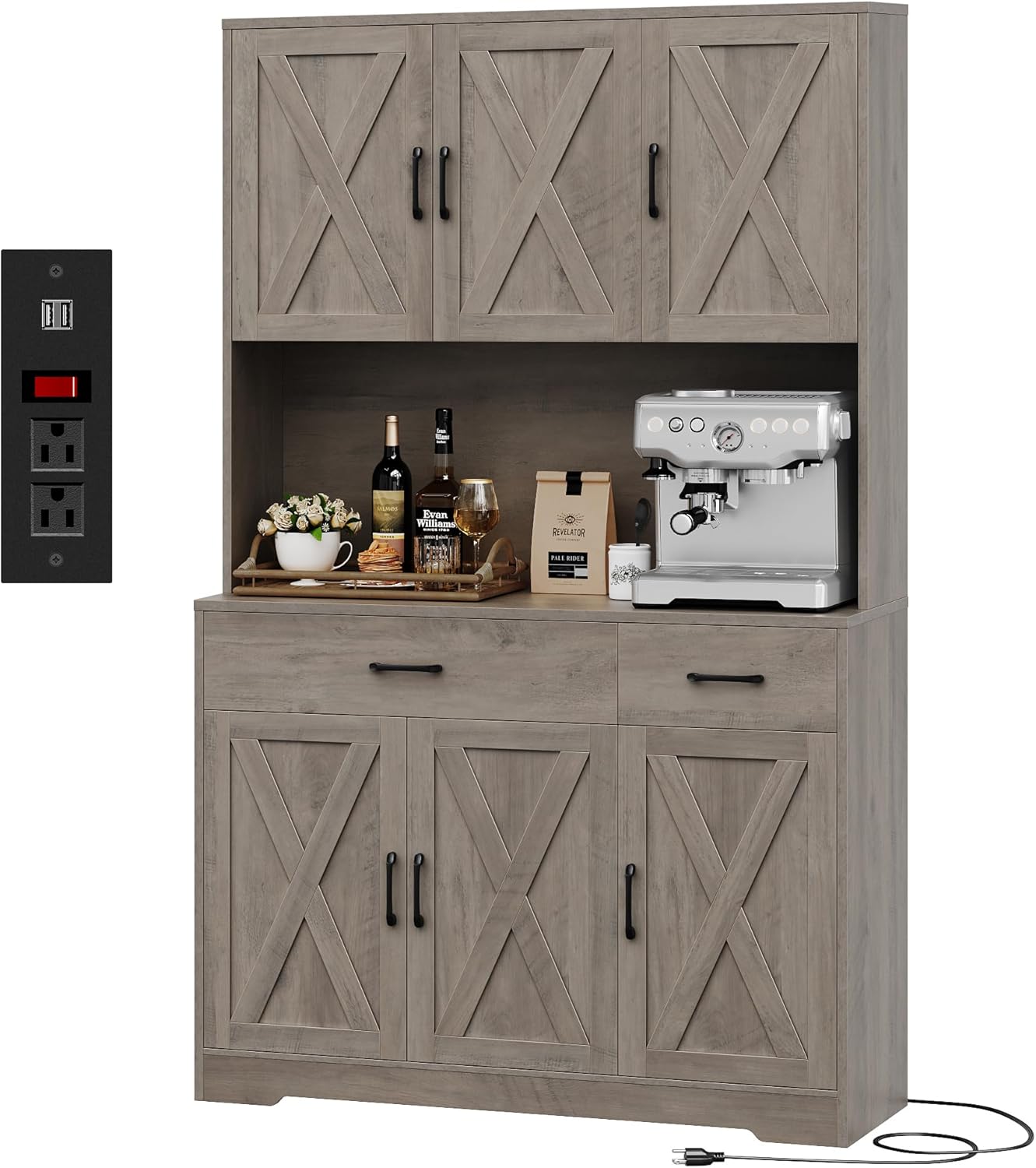 Farmhouse Pantry Cabinet with Charging Station