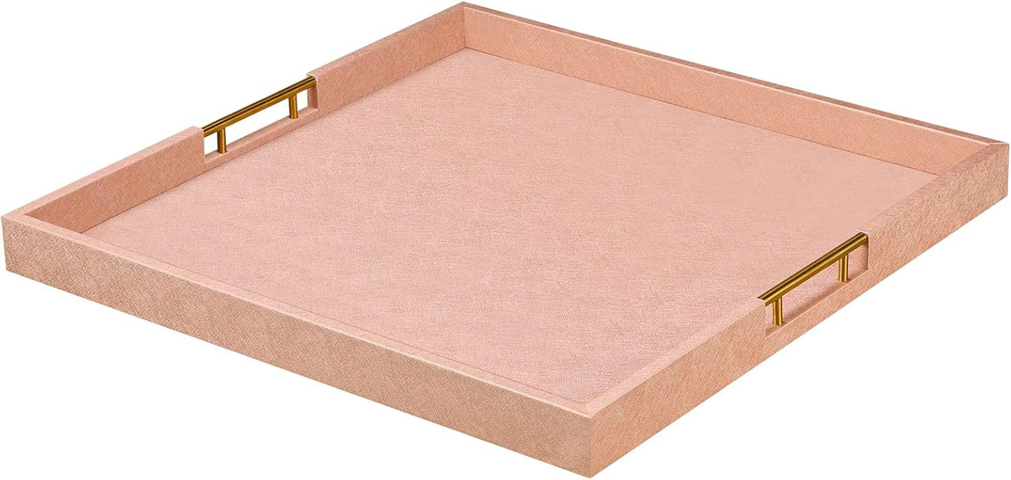 20x20 Inches Large Champagne Faux Leather Wrapped Ottoman Tray
