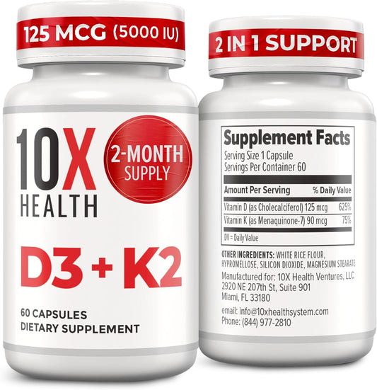 10X Health Vitamin D3 5000 IU & K2 MK7 for Bone Health