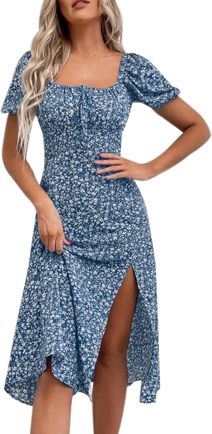 Floral Summer Casual Dress with Puff Sleeves and Split Design