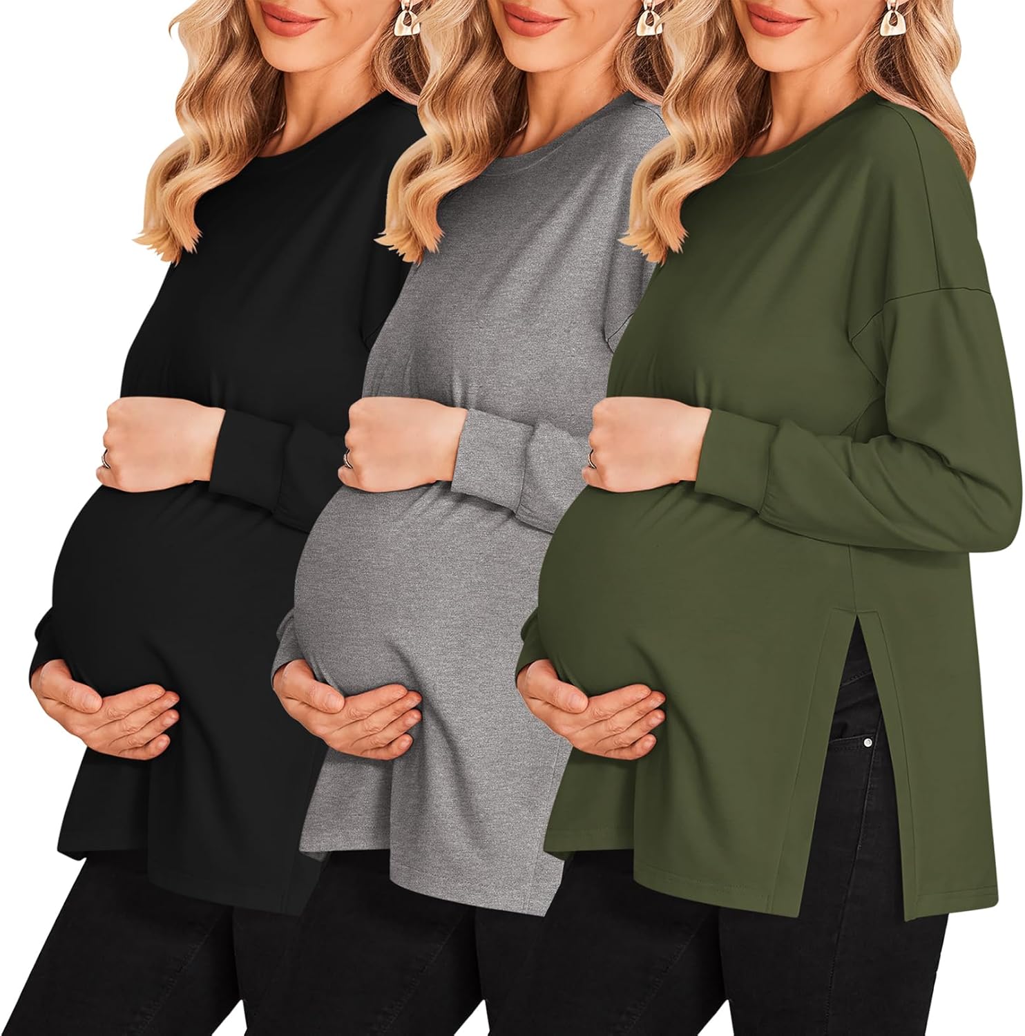 Ekouaer Maternity Shirts 3 Pack Long Sleeve Side Ruched Tops