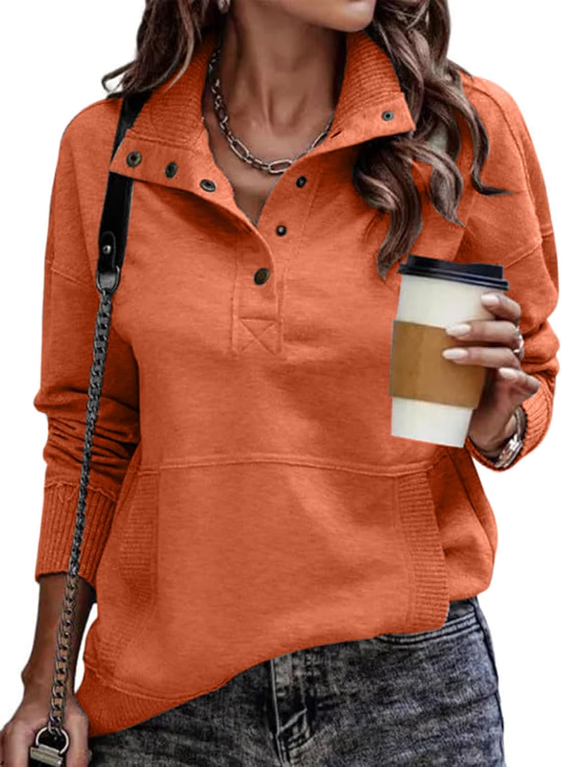 SHEWIN Women's Casual Long Sleeve Stand Neck Sweatshirt Pullover