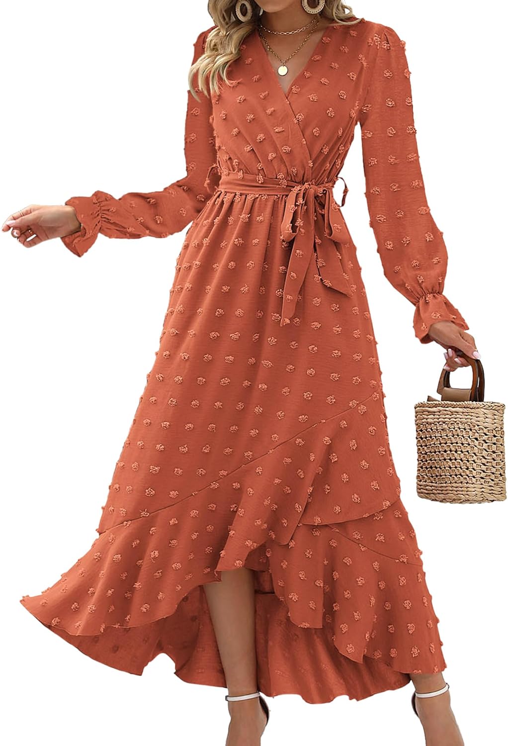 BTFBM Long Sleeve Maxi Dresses for Women V Neck Swiss Dot Style