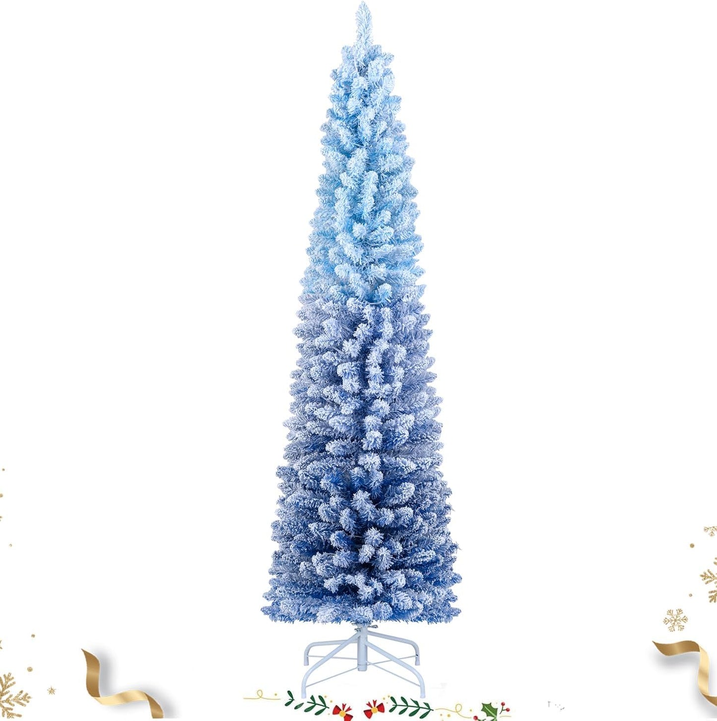 7 FT Pre-lit Flocked Pencil Christmas Tree with 290 LED Lights