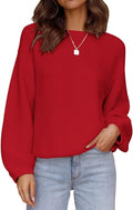 Crew Neck Long Lantern Sleeve Sweater for Women - Soft Ribbed Pullover