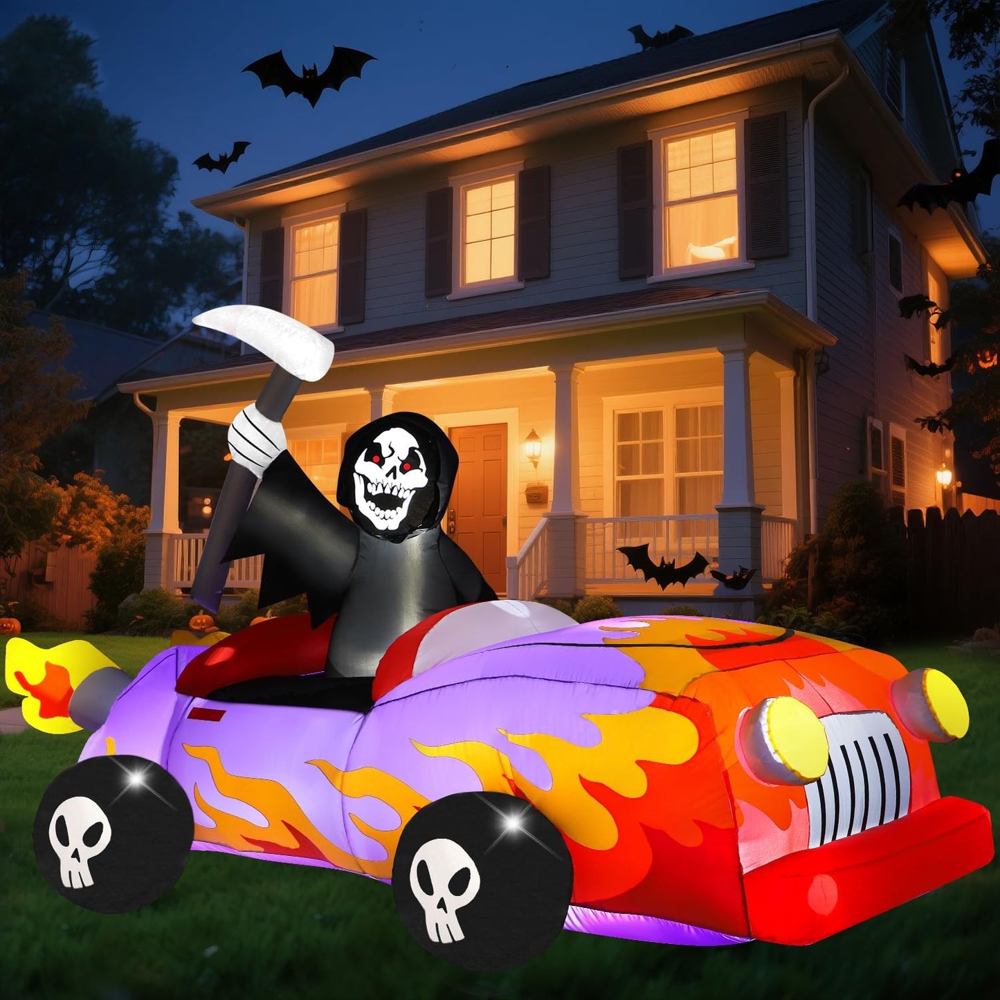 8ft Long Halloween Inflatable Grim Reaper Driving Car Decoration