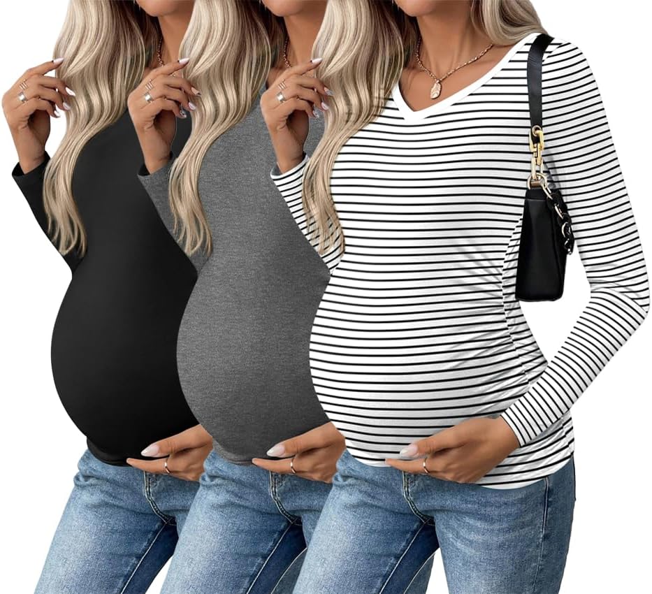 Ekouaer Womens Maternity Shirts Long Sleeve V-Neck Tops Pack